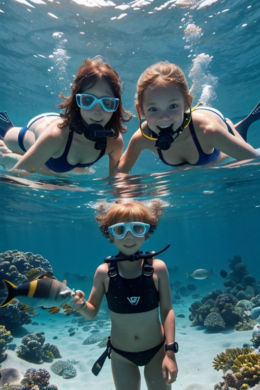 Happy skinny scuba diver sweden young kids with short ginger hair, dressed in new light transparent bikini, happy to touch, on a scorching summer day, in the lagoon under vater in l'île-tudy.