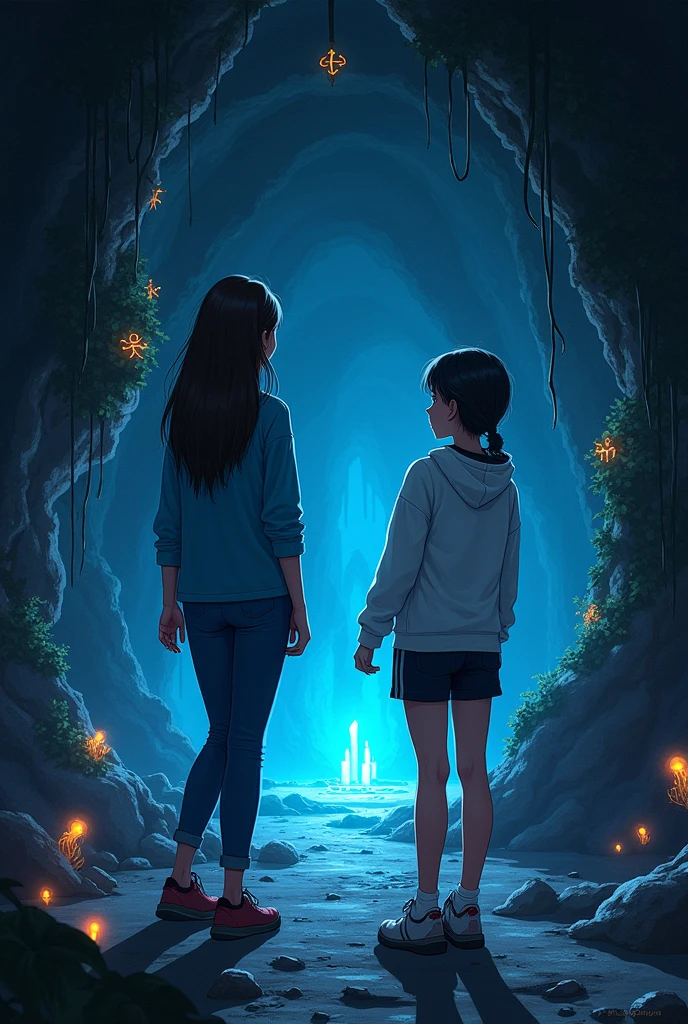 Inside a mysterious cave near Mae Fah Luang University, two young women explore the dimly lit interior. The cave entrance is partially concealed by thick vines and adorned with glowing, ancient symbols. The interior is illuminated by faint, eerie light from bioluminescent fungi and crystals. One woman wears a blue shirt and jeans with long brown hair, and the other wears a white hoodie and black shorts with short black hair. They are examining the entrance with expressions of awe and curiosity. semi realistic style
