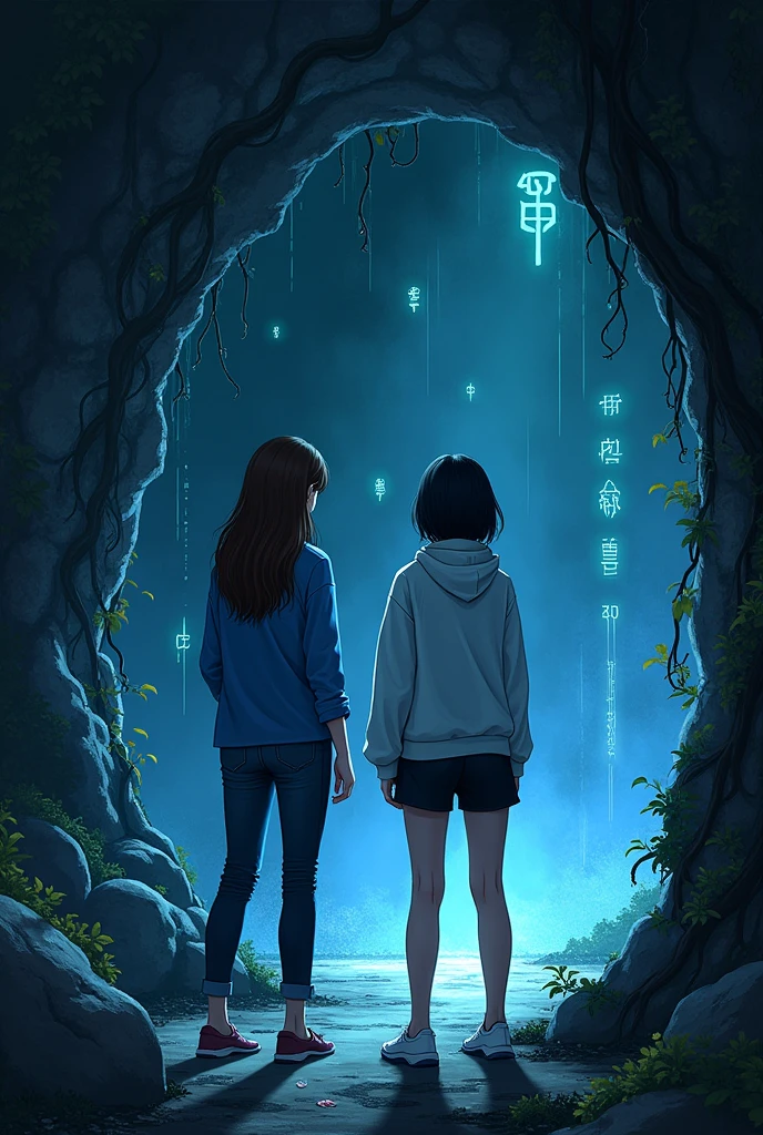 Inside a mysterious cave near Mae Fah Luang University, two young women explore the dimly lit interior. The cave entrance is partially concealed by thick vines and adorned with glowing, ancient symbols. The interior is illuminated by faint, eerie light from bioluminescent fungi and crystals. One woman wears a blue shirt and jeans with long brown hair, and the other wears a white hoodie and black shorts with short black hair. They are examining the entrance with expressions of awe and curiosity. semi realistic style
