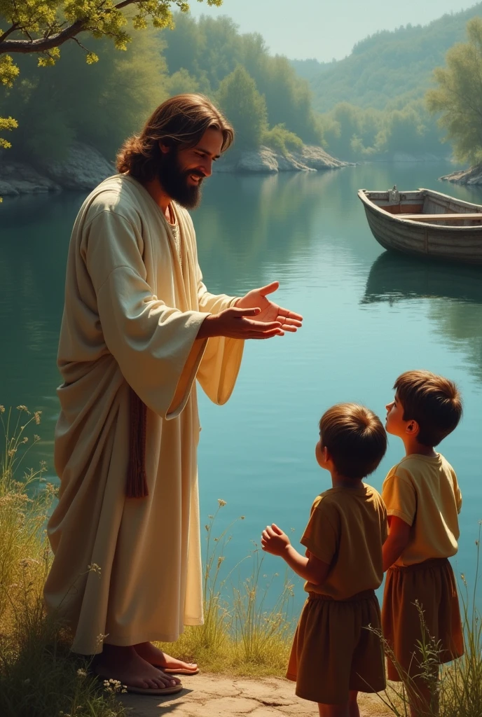 Jesus blesses the children, all turned towards the water, and next to them is a deep lake, and on the lake there is an old boat