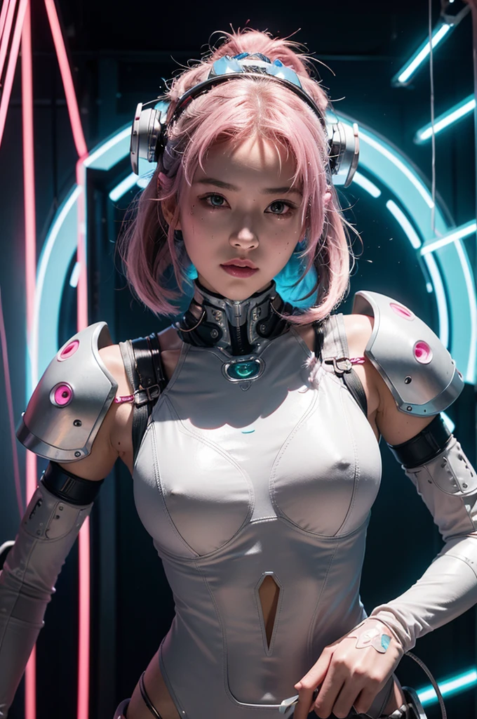 a CYBERPUNK HUMANOID female wearing a highly advanced armor in white and pink color made of metal and wires. her body is filled with glowing liquid to keep the temperature cool. The glowing liquid is flowing inside wires. Her face is engraved with glowing tattoos in japanese language. her body is perfect and she has hairs made of steel wires. She has camera lens in her left eye. Her one breast is open.
