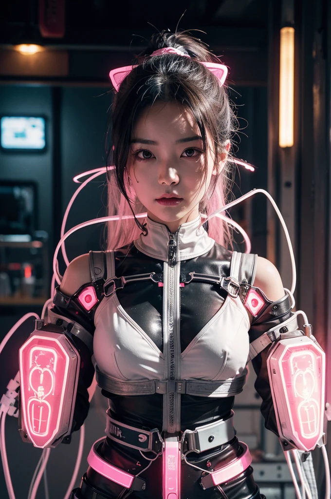 a CYBERPUNK HUMANOID female wearing a highly advanced armor in white and pink color made of metal and wires. her body is filled with glowing liquid to keep the temperature cool. The glowing liquid is flowing inside wires. Her face is engraved with glowing tattoos in japanese language. her body is perfect and she has hairs made of steel wires. She has camera lens in her left eye. Her one breast is open.