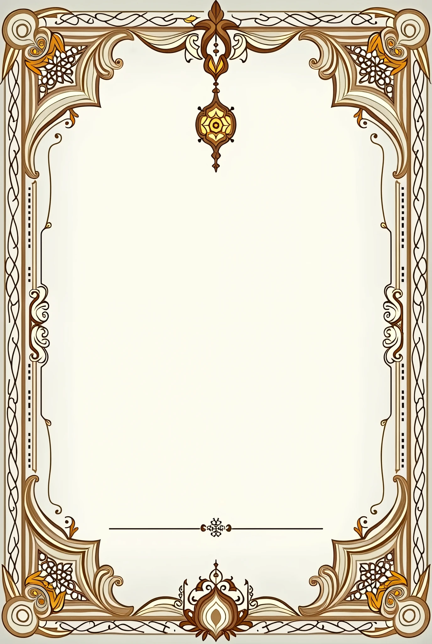 "Design a Nikah Nama (Islamic marriage certificate) template with intricate and elegant designs framing the edges. The four sides should feature traditional Islamic art, including geometric patterns, arabesques, and floral motifs. The design should be detailed and ornate, with gold accents to add a touch of luxury. The center of the template should be left blank, providing ample space for handwritten or printed text, ensuring it remains the focal point. The border designs should flow harmoniously, creating a balanced and aesthetically pleasing frame around the empty center."
