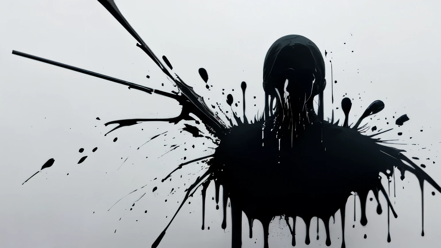 simple background, monochrome, horror (theme) there is a broken violin in the picture, black paint splatted, old man, red blood splatted