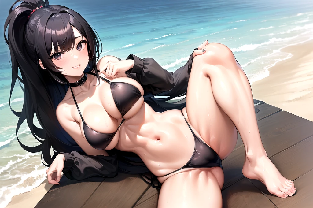 (((masterpiece,best quality,absurdres,8K,perfect body))) , ((black hair,longhair, large breasts, high ponytail,smile)),(((black bikini))),((beach,wet,Spread legs))