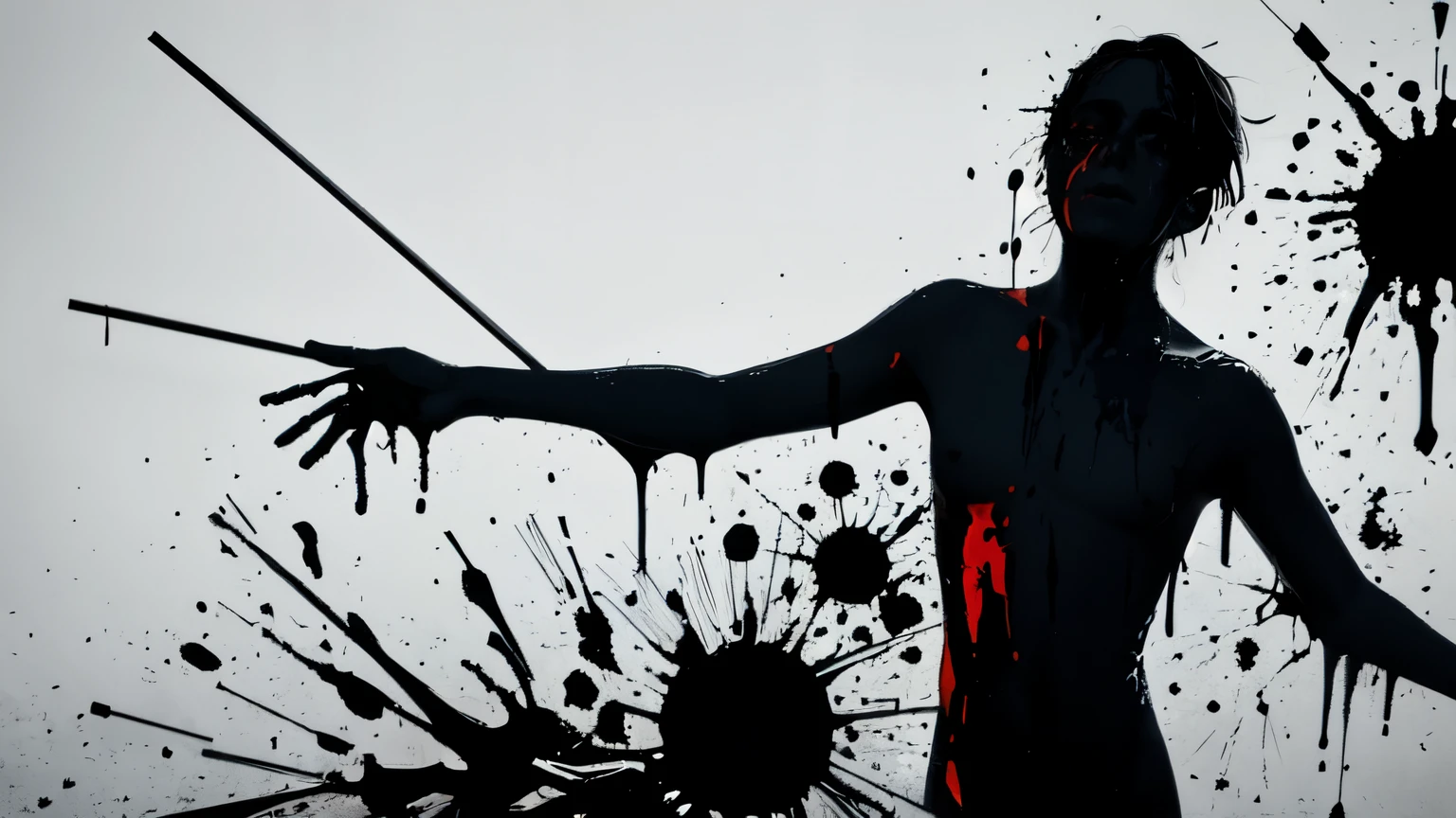 simple background, monochrome, horror (theme) there is a broken violin in the picture, black paint splatted, old man, red blood splatted