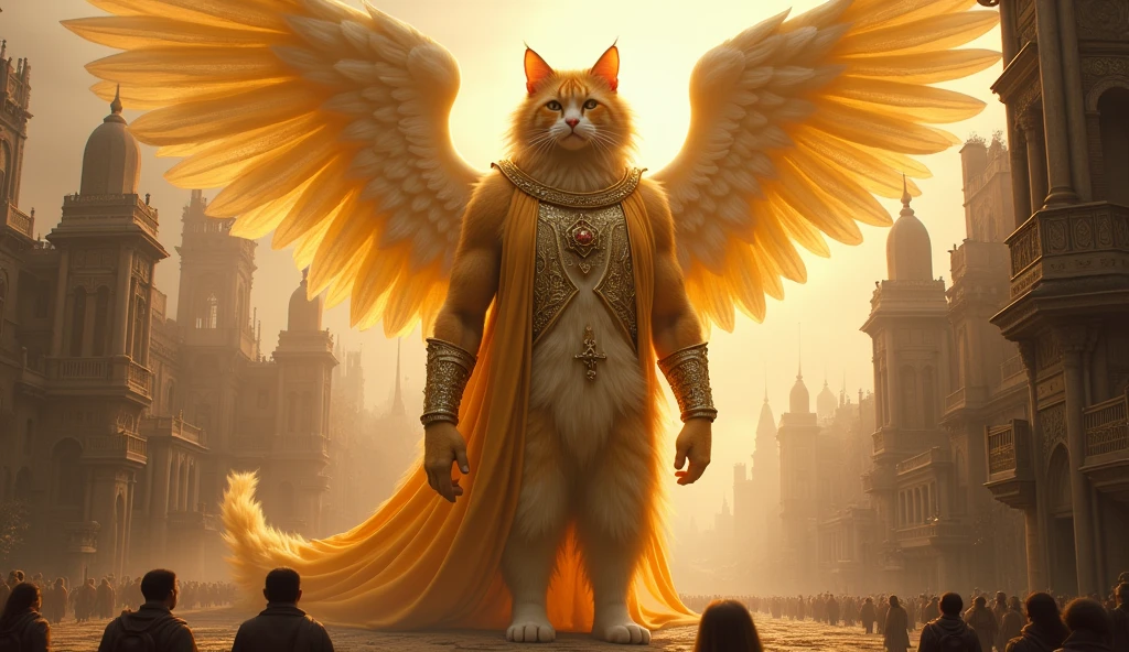A cat, Color is yellow, So big it could swallow a poem, Holy, Seongsu, Stand on two legs, moderately muscular body, Dressed in angel's clothes, 크기가 도시만한 고양이god, Rich medieval ancient city background, It is 100m in size, god화속세상, high detail, 8k, photorealistic, hyper realistic, god