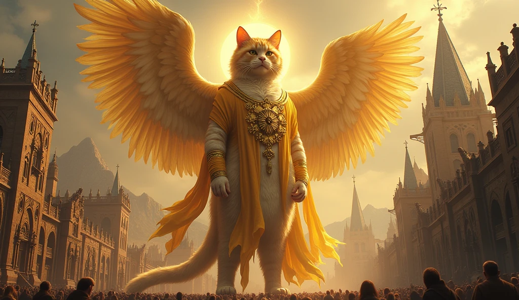 A cat, Color is yellow, So big it could swallow a poem, Holy,  Seongsu, Stand on two legs, moderately muscular body,  Dressed in angel&#39;s clothes, 크기가 도시만한 고양이god, Rich medieval ancient city background, It is 100m in size, god화속세상, high detail, 8k, photorealistic, hyper realistic, god