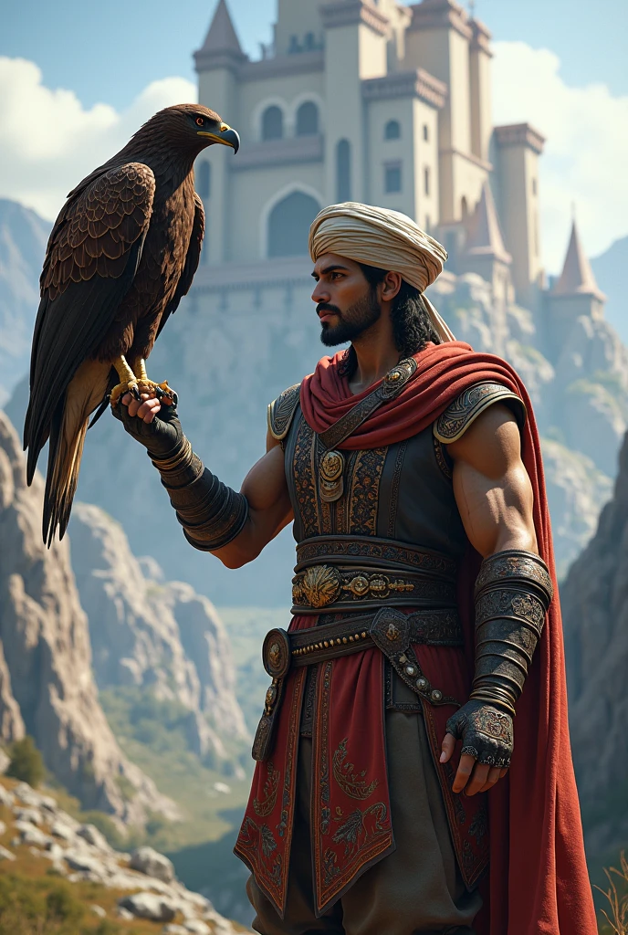  Realistic Prince of persia with big castle and eagle on his hand 