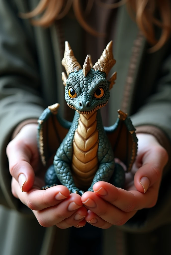 realistic style, photo, photorealistic, high detail, (sharp), (photorealism:1.2), (photo:1.2) of Smaug dragon from LotR movie, so small, to be held by a woman hand in her hands