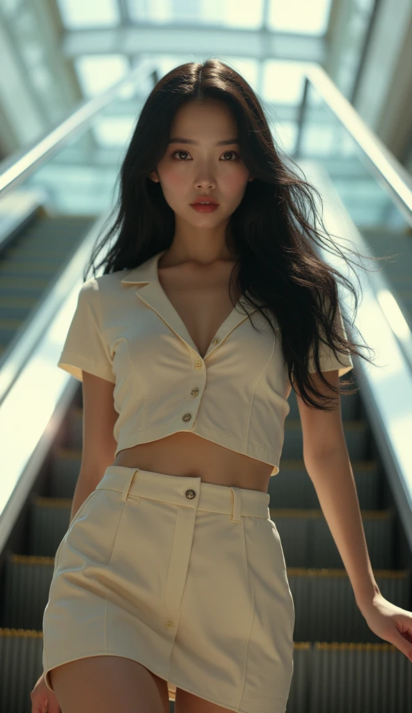 (masterpiece, best quality, 1girl, 4, japanese woman, long black hair, detailed face, beautiful eyes, sharp nose, full lips, wearing short sleeve blouse, ultra mini skirt, riding an escalator, full body, natural lighting, photorealistic, 8k, hyper detailed)