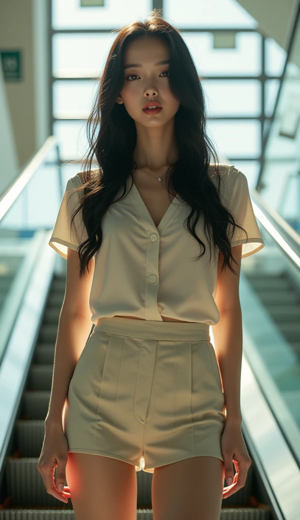 (masterpiece, best quality, 1girl, 4, japanese woman, long black hair, detailed face, beautiful eyes, sharp nose, full lips, wearing short sleeve blouse, ultra mini skirt, riding an escalator, full body, natural lighting, photorealistic, 8k, hyper detailed)