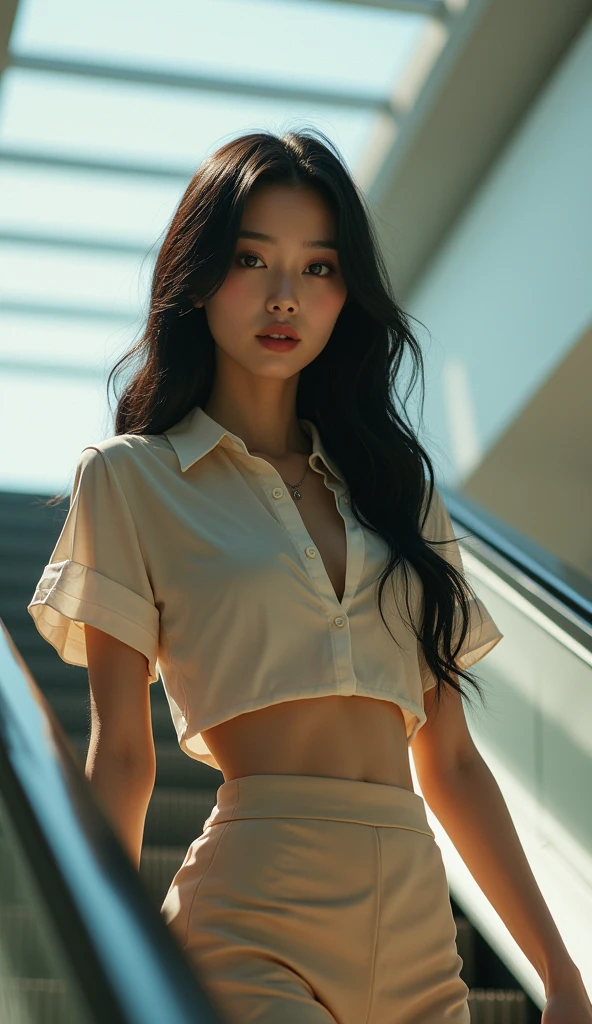(masterpiece, best quality, 1girl, 4, japanese woman, long black hair, detailed face, beautiful eyes, sharp nose, full lips, wearing short sleeve blouse, ultra mini skirt, riding an escalator, full body, natural lighting, photorealistic, 8k, hyper detailed)