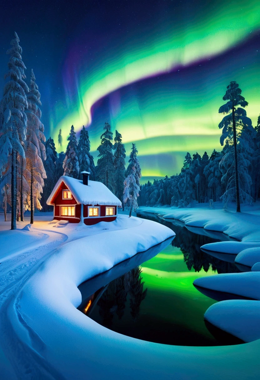 Snow Scenery, Finland is the hometown of Santa Claus, and winter in Finland is a fairyland like existence. Santa Claus's hometown of Rovaniemi is enveloped by thick layers of snow in winter, presenting a dreamlike scene. Under the reflection of the aurora, the snowy plains of Lapland turned into a fairy tale world, (best quality, masterpiece, photorealistic), very aesthetic, perfect composition, intricate details, ultra-detailed, vivid colors