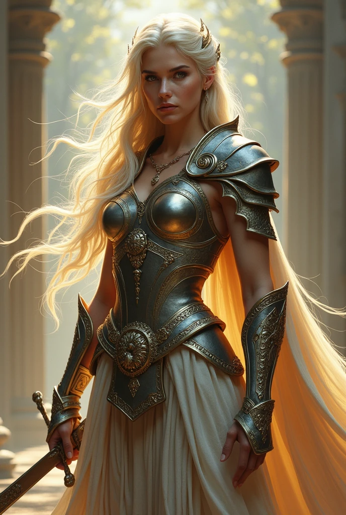 Girl with long golden platinum hair with gray eyes and white skin wearing Greek armor 

