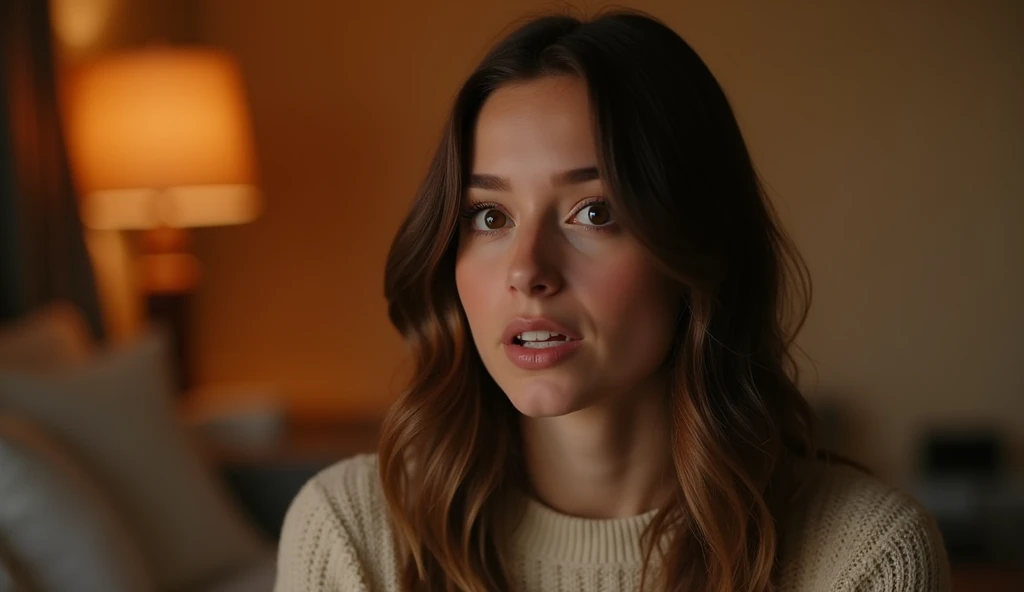 A highly realistic, high-contrast, 8K HD, detailed, hyper-detailed image of a young woman from the previous image, shown from the waist up, speaking directly to the camera. The scene is set in the same cozy, American-style room with warm, orange lighting. The woman's face is clearly visible, with a neutral expression as she engages in conversation. Her wavy brown hair and light sweater are distinct and consistent with the previous image. The background remains simple, with soft shadows to keep the focus on the woman as she speaks, creating an intimate and direct connection with the viewer.