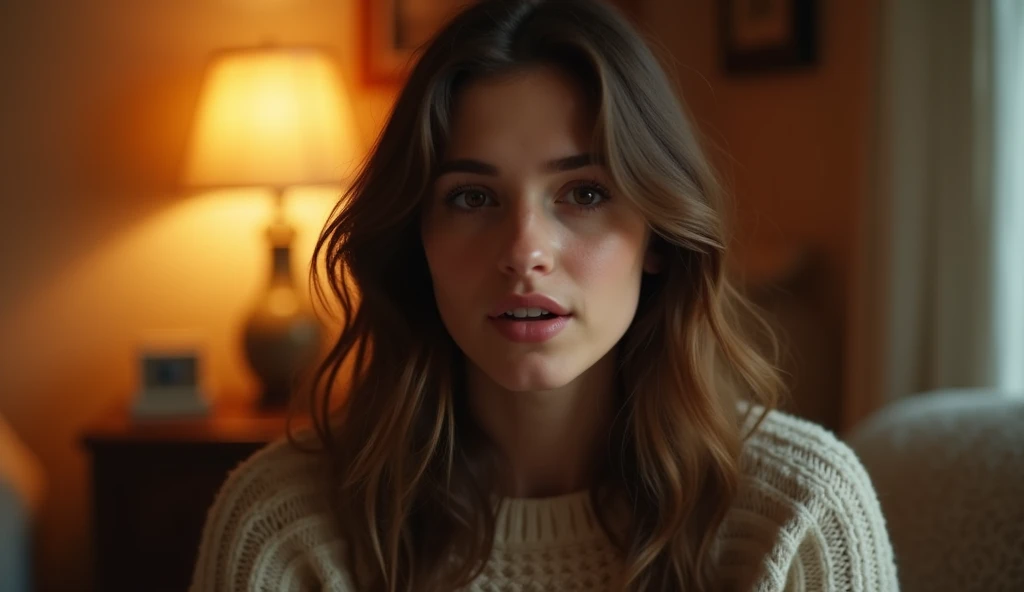A highly realistic, high-contrast, 8K HD, detailed, hyper-detailed image of a young woman from the previous image, shown from the waist up, speaking directly to the camera. The scene is set in the same cozy, American-style room with warm, orange lighting. The woman's face is clearly visible, with a neutral expression as she engages in conversation. Her wavy brown hair and light sweater are distinct and consistent with the previous image. The background remains simple, with soft shadows to keep the focus on the woman as she speaks, creating an intimate and direct connection with the viewer.