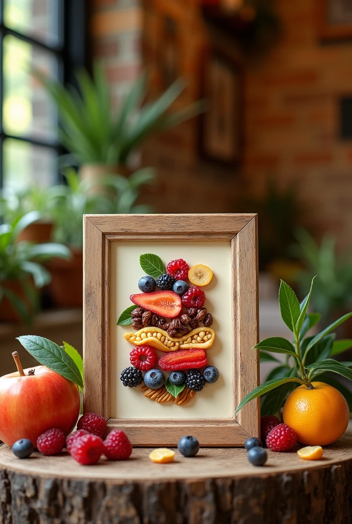 A picture frame with a picture of a natural snack to use as decoration in a snack bar