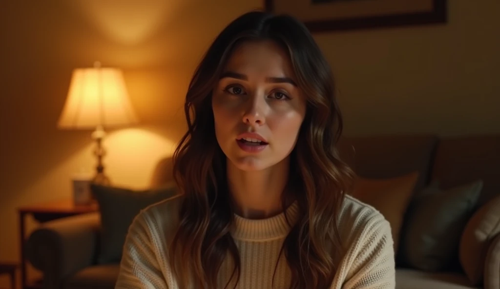 A highly realistic, high-contrast, 8K HD, detailed, hyper-detailed image of a young woman from the previous image, shown from the waist up, speaking directly to the camera. The scene is set in the same cozy, American-style room with warm, orange lighting. The woman's face is clearly visible, with a neutral expression as she engages in conversation. Her wavy brown hair and light sweater are distinct and consistent with the previous image. The background remains simple, with soft shadows to keep the focus on the woman as she speaks, creating an intimate and direct connection with the viewer.