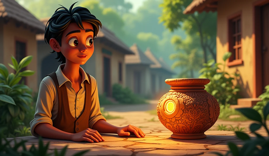 In cinematic 2d cartoon style log shot indian village A close-up of the pot, showing intricate carvings and glowing faintly under the sunlight, as the farmer curiously examines it.