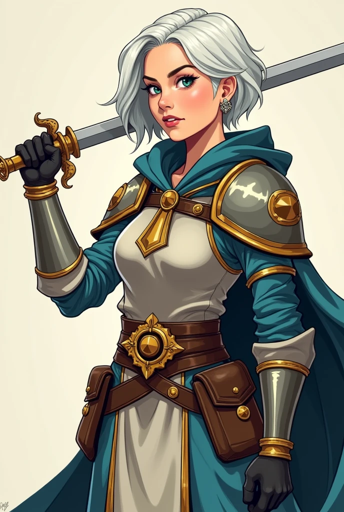 Create a female D&D cleric with short white hair and light armor. She wields a small sword. Her armor should be practical and light, with ornate but minimal details. The style should be bold and stylized, similar to Western animation like Vox Machina, with flat, vibrant colors and strong, clean lines. Avoid any anime-like features or realism, and instead aim for a mature and detailed cartoon style, with expressive but not exaggerated facial features. The overall vibe should be heroic and grounded, not overly cartoonish or exaggerated