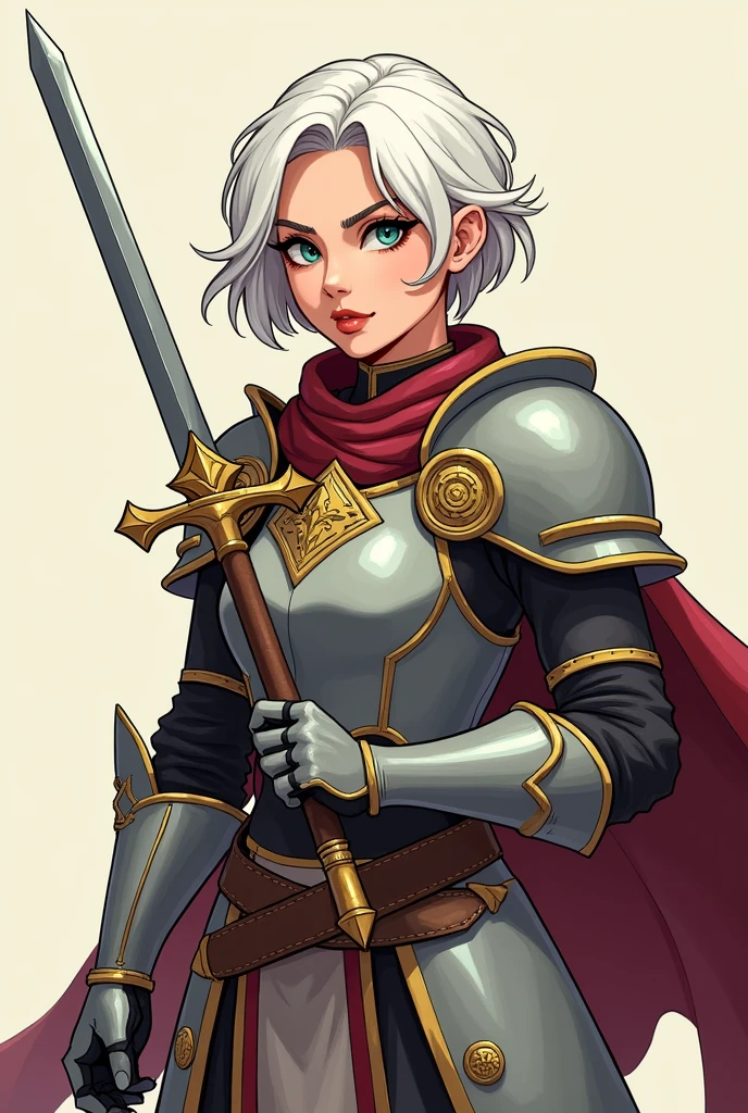 Create a female D&D cleric with short white hair and light armor. She wields a small sword. Her armor should be practical and light, with ornate but minimal details. The style should be bold and stylized, similar to Western animation like Vox Machina, with flat, vibrant colors and strong, clean lines. Avoid any anime-like features or realism, and instead aim for a mature and detailed cartoon style, with expressive but not exaggerated facial features. The overall vibe should be heroic and grounded, not overly cartoonish or exaggerated