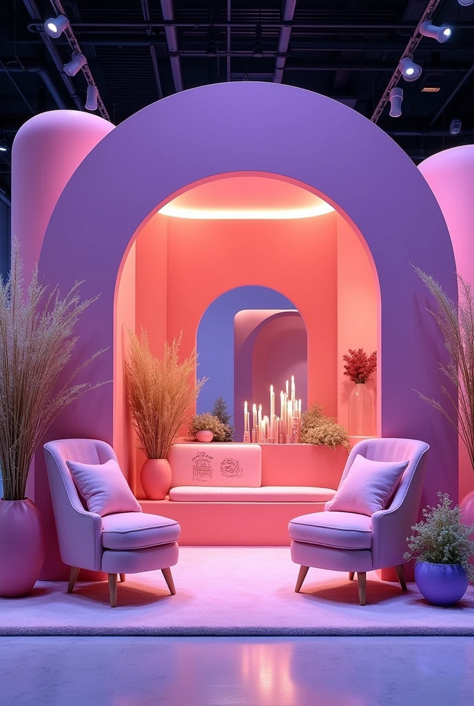pink and purple spa booth for a business show with rhyme chairs outside