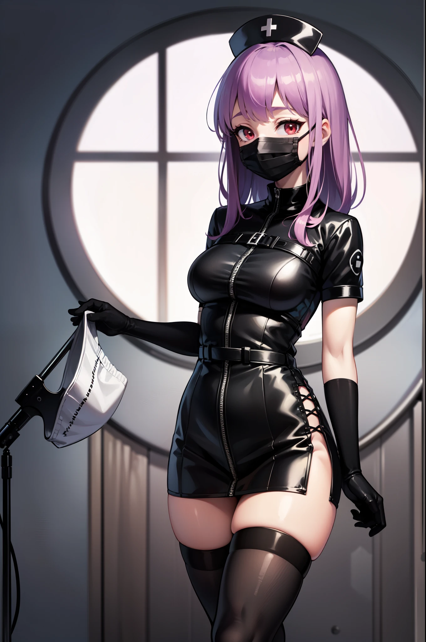 black nurse, 1woman, solo, black nurse cap, black nurse uniform, ((black legwear, zettai ryouiki)), black elbow gloves, long hair, purple hair, red eyes, ((black surgical mask, covered nose)), standing, ((surgery room)), sharp outline, short sleeves, mature female, 35yo, best quality, masterpiece