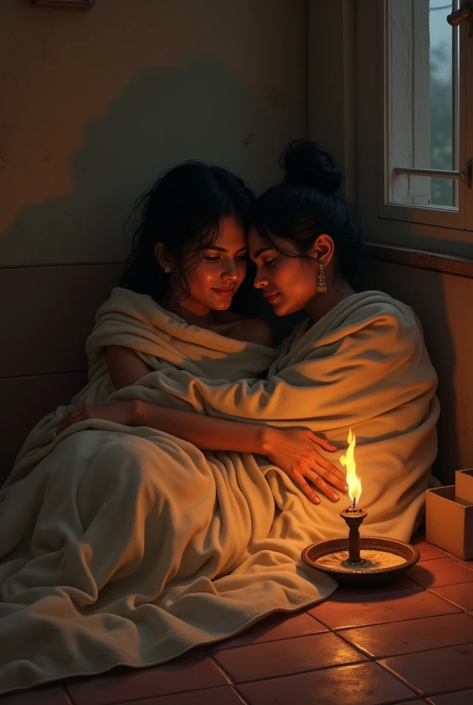 Inside a small, cozy room, Rahul and Savita are wrapped in a thick quilt, the room dimly lit by a small, flickering oil lamp.
