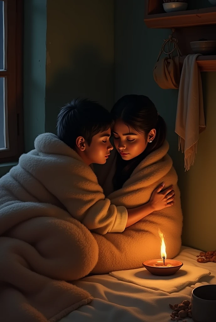 Inside a small, cozy room, Rahul and Savita are wrapped in a thick quilt, the room dimly lit by a small, flickering oil lamp.