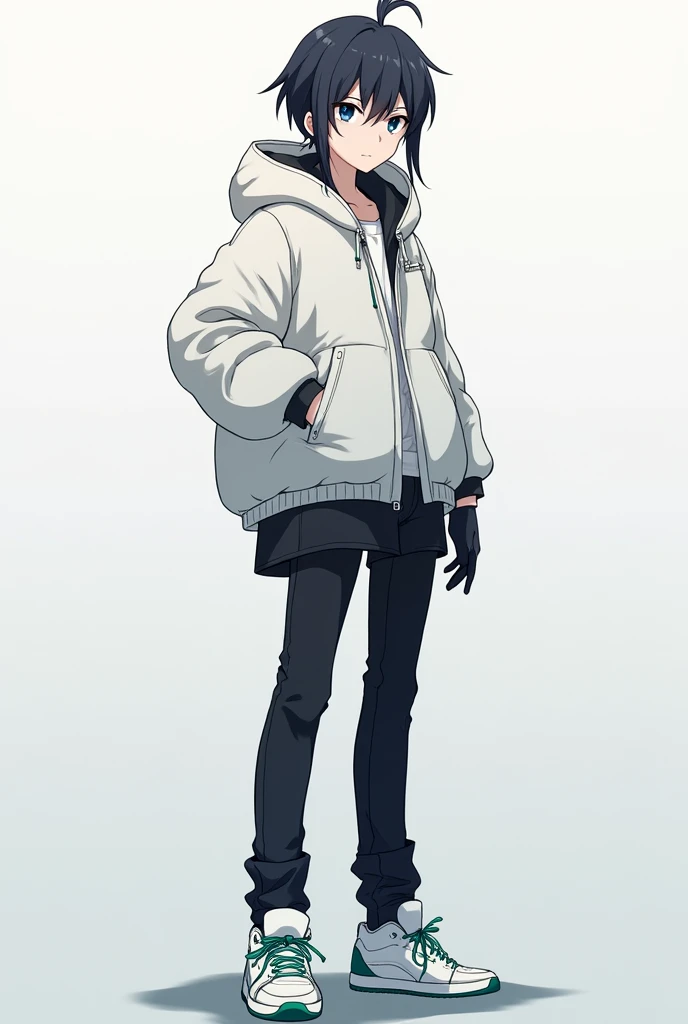A male anime style character With slightly long, black hair with long hair between his eyes, big navy blue eyes, Jaketa Thick white jacket, black pants, white sneakers with green, and with black gloves.