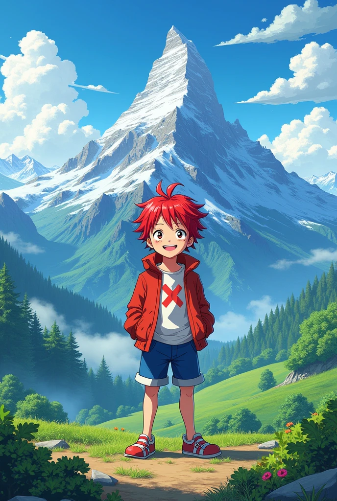 Style manga anime one piece, 1 boy, Red hair, name katsu, souriant, background on a mountain