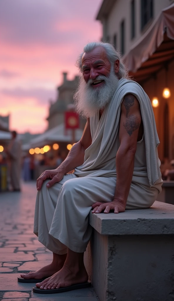 Low angle shot, (Chrysippus “A wise, elderly man with a long, flowing white beard, full white hair on his head and piercing eyes, dressed in a simple but elegant white toga”, still laughing uncontrollably, is now seated on a stone bench, his hands gripping the edge as he struggles to catch his breath. His face is red, and tears stream down his cheeks. The background shows the marketplace starting to quiet down as the day ends, with vendors packing up their stalls. The sky is a mix of purples and pinks, and the atmosphere is calm, in stark contrast to Chrysippus’ intense laughter.) unreal engine, cinematic, hyper-real, highly detailed, Ultra realistic HD --q 2 --v 6.1 --ar 9:16