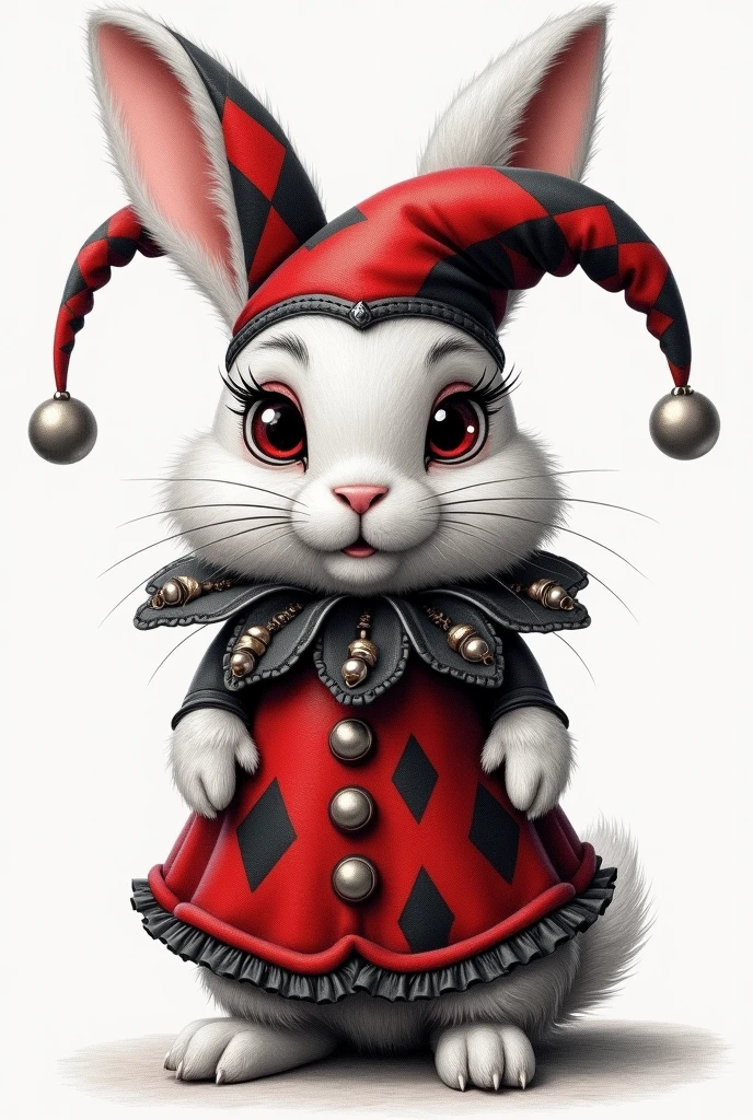 Draw a realistic little furry rabbit dressed as a harlequin with a hat and makeup in red and black colors in pencil drawing style
