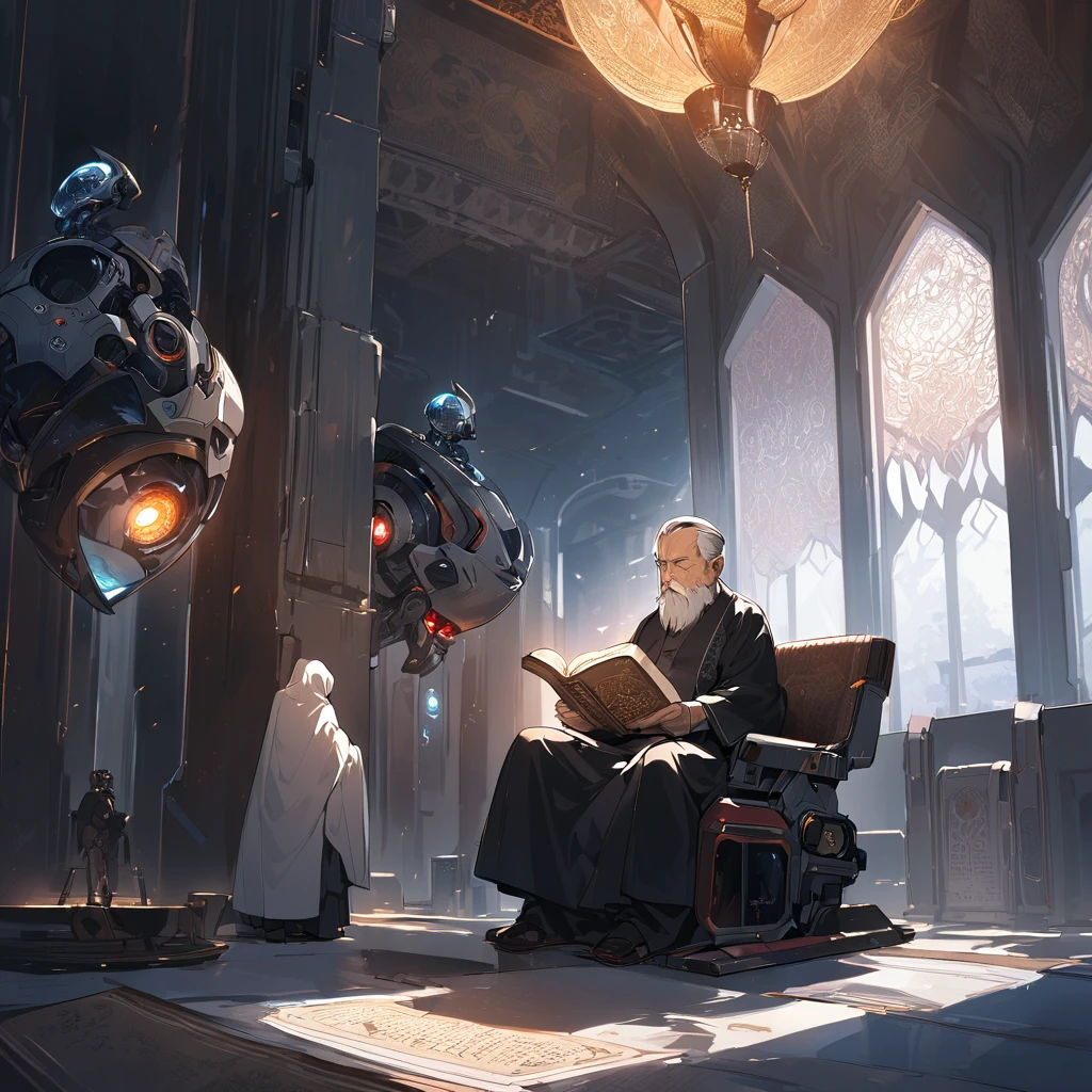 religious islam old men with serban calmly reading Quran sitting inside mosque with evening light surround. his face was sci fi scull robot with red eyes. picture was side view. surrounding was dark. look like sigma picture. men look wise and thinkers. 