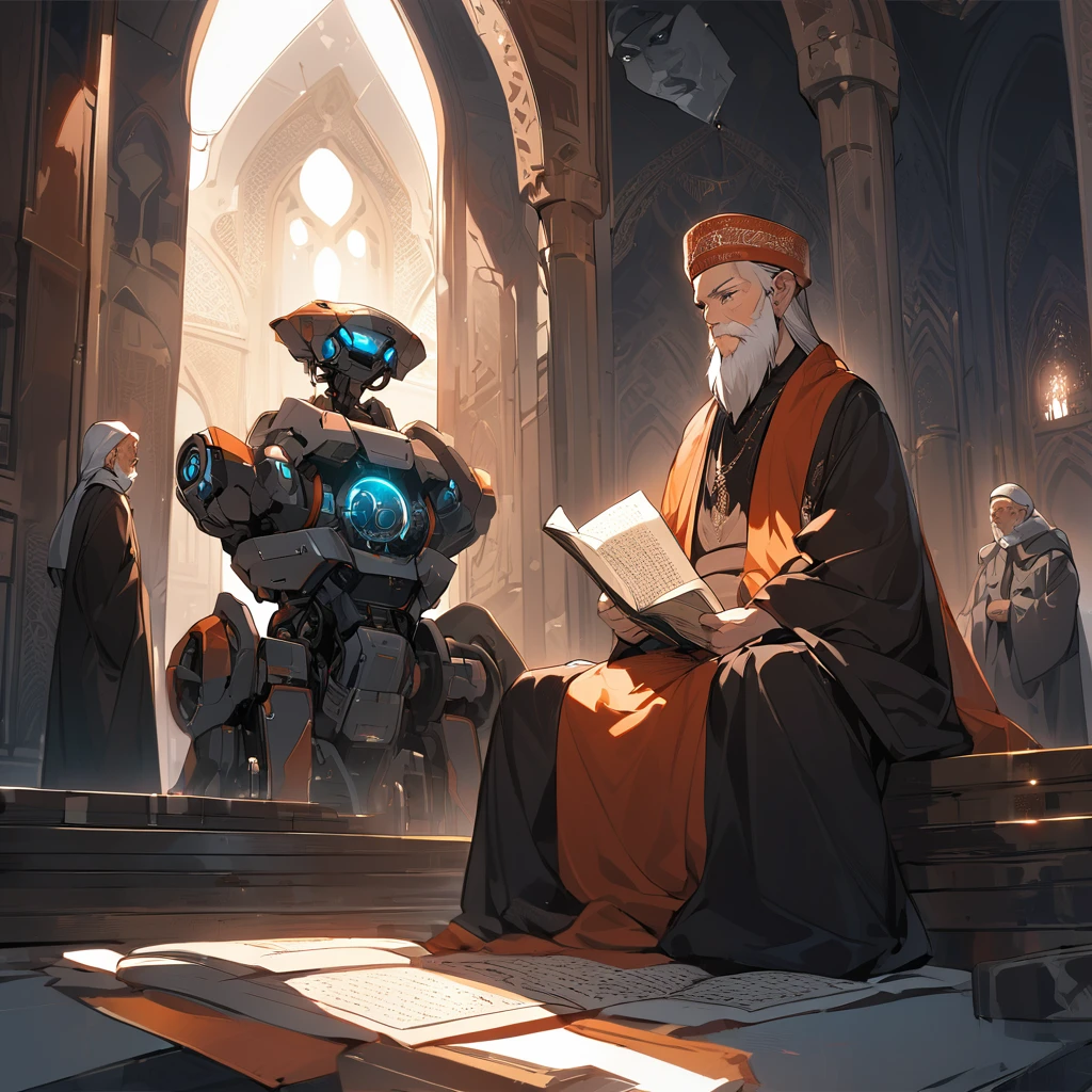 religious islam old men with serban calmly reading Quran sitting inside mosque with evening light surround. his face was sci fi scull robot with red eyes. picture was side view. surrounding was dark. look like sigma picture. men look wise and thinkers.