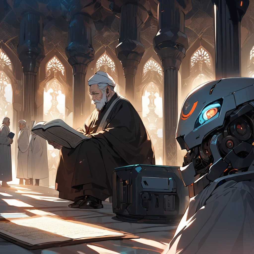 religious islam old men with serban calmly reading Quran sitting inside mosque with evening light surround. his face was sci fi scull robot with red eyes. picture was side view. surrounding was dark. look like sigma picture. men look wise and thinkers. 