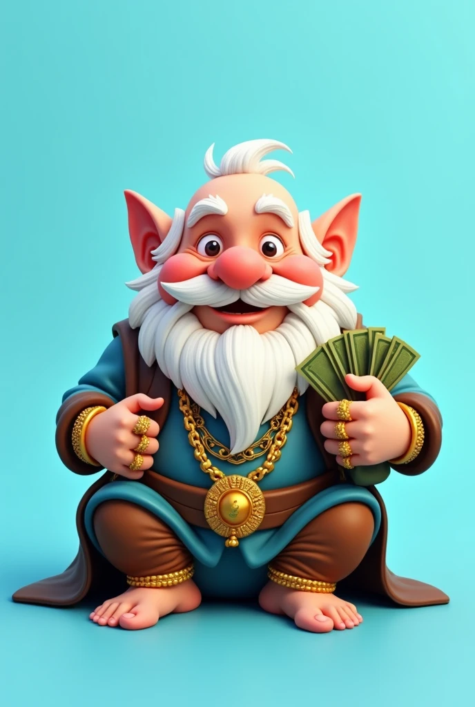 Light blue color icon bar, sitting dwarf on icon bar, dwarf wear gold jwelleries and cash bag