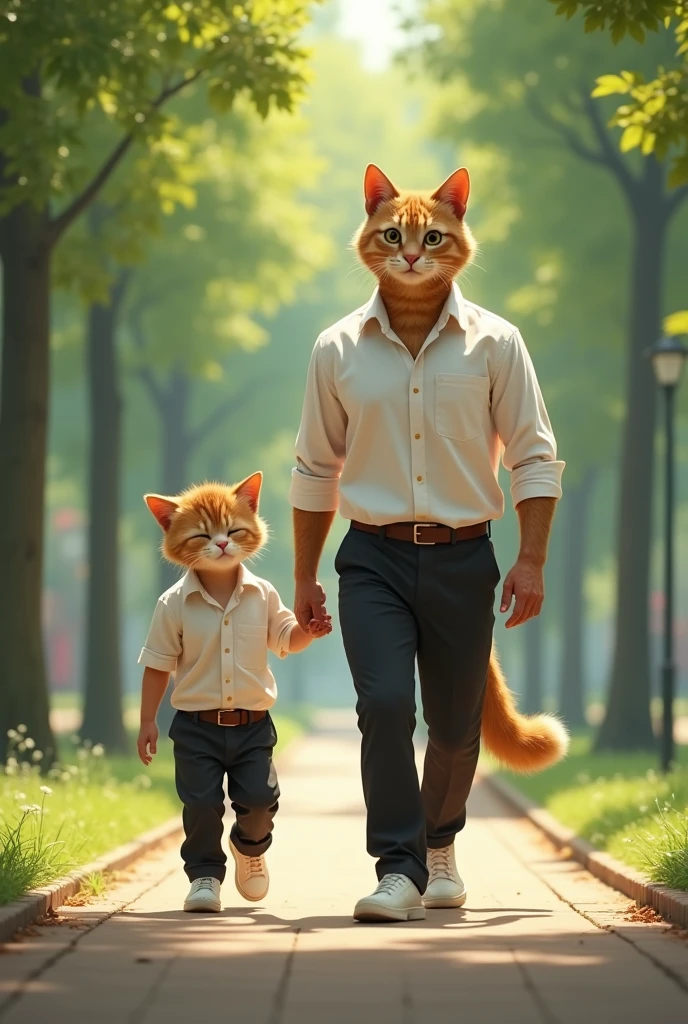 A humanoid cat with his son walking in the park, wearing white shirts, black pants, and white rubber shoes, 8K