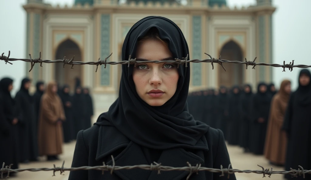 A young Muslim woman, wearing a thin black coat, ((her face and head are covered by a black scarf)) standing behind a barbed wire fence, ((large beautiful eyes)), in the background there are many Muslim women in traditional clothes standing in front of a mosque