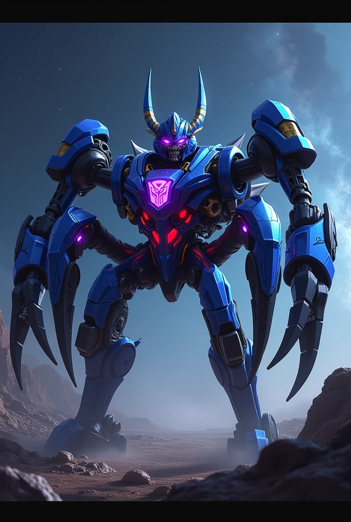 The decepticon Dark Nova has to be in the form of a scorpion with six dark blue legs with hands on the tip of each leg, two legs and a tail.. The head should have a blue Egyptian helmet with the white face of Megatron with fangs, red eyes and two antennas on each side of the head.. On the body there must be a large Decepticon symbol in purple with two red eyes., In the stomach there should be a vertical mouth with white and sharp teeth. The tail should be a golden mechanical one with stripes with a barrel at its end..Both legs should be like blue varitech with the ends shaped like hooves and a black heel.fly in space between the stars