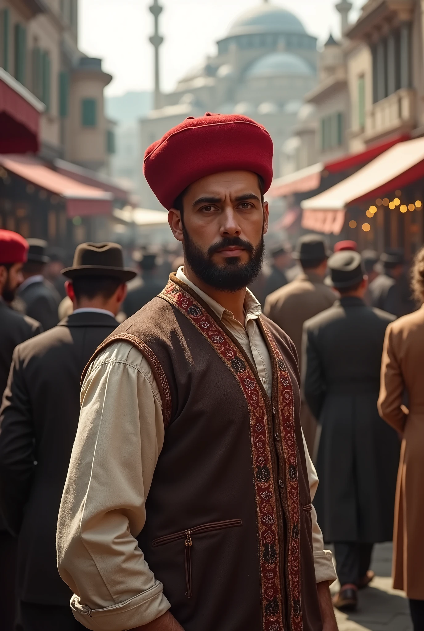 Ottoman ka ek bnda laal topi ke sath istambull mein khare hain logon ke sath background mein 1900 wale kapre phene hon logon ne