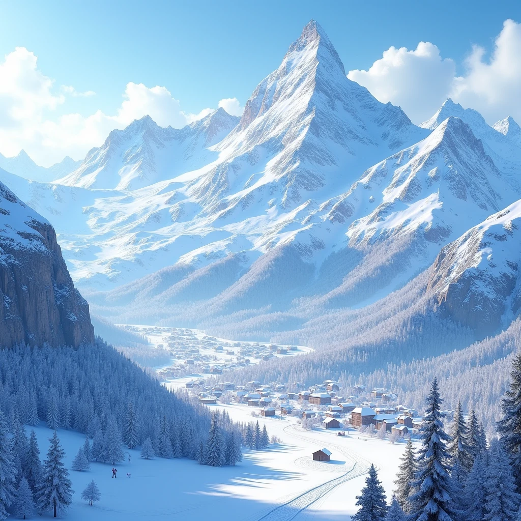 Snow Scenery, Renowned for its majestic snow capped mountains and charming ski resorts. The towering snow capped mountains such as Jungfu Peak and Matterhorn Peak make this land a paradise for climbers and skiing enthusiasts. Here, you can fully experience snow sports while enjoying world-class snow scenery, (best quality, masterpiece, photorealistic), very aesthetic, perfect composition, intricate details, ultra-detailed, vivid colors