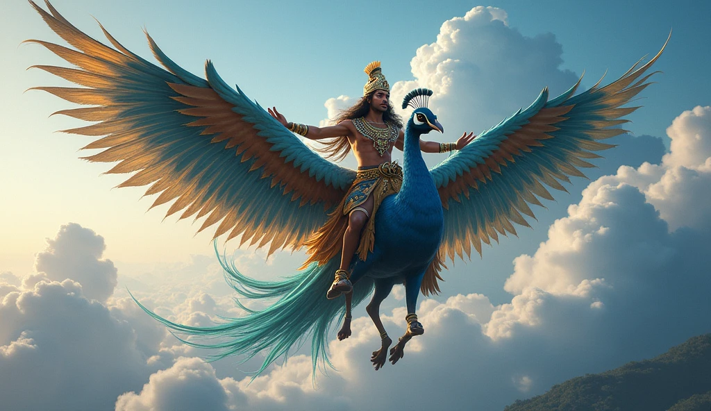 "Kartikeya is seen riding his beautiful peacock through the sky, flying high above the clouds. He is dressed in warrior attire, looking focused and determined as he speeds through the heavens. Below him, the vast landscapes of the earth, the oceans, and celestial realms stretch out. The peacock's wings are spread wide, creating an image of speed and grace as they soar toward the finish line."
