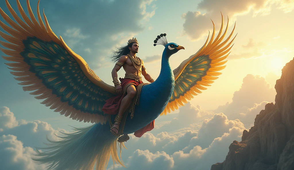 "Kartikeya is seen riding his beautiful peacock through the sky, flying high above the clouds. He is dressed in warrior attire, looking focused and determined as he speeds through the heavens. Below him, the vast landscapes of the earth, the oceans, and celestial realms stretch out. The peacock's wings are spread wide, creating an image of speed and grace as they soar toward the finish line."