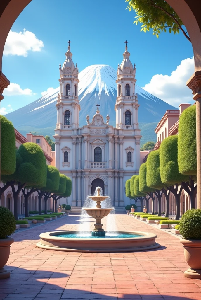 The Plaza de Armas of Arequipa is a large space surrounded by colonial arches, with a majestic white ashlar cathedral and a central fountain, all framed by the imposing Misti volcano. big peru only stage without people in disney pixar drawing 