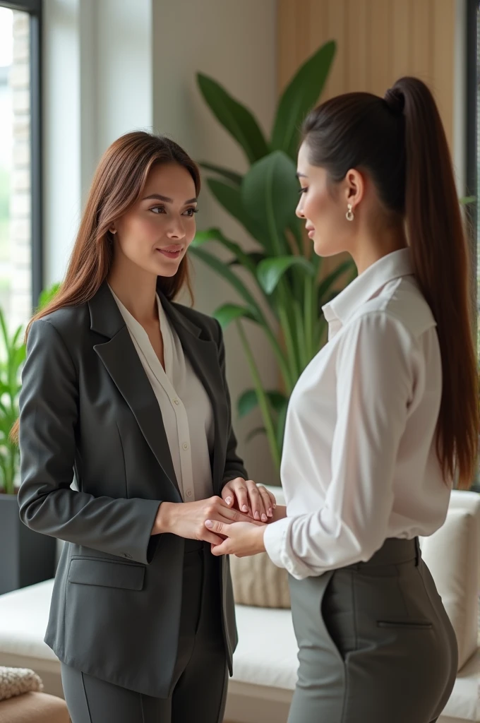 Two women in an office, giving a professional hand massage to the other