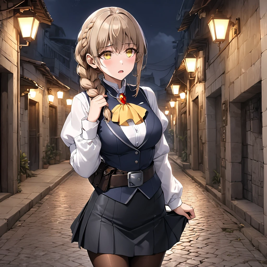 1 female, One braid hangs down in front, yellow eye, light brown hair, ((tight fitting black skirt)), (((from fitting skirt))), shirt, long sleeves, puffy sleeves, white shirt, pantyhose, Vest, navy and black Vest, ascot, yellow ascot with red gem, Black leather belt with pouch、Anxious expression, Stone town at night, A dark and unpopular road break (masterpiece:1.2), (Beautiful attention to detail:1.2), Perfect lighting, (Perfect hands, perfect anatomy)