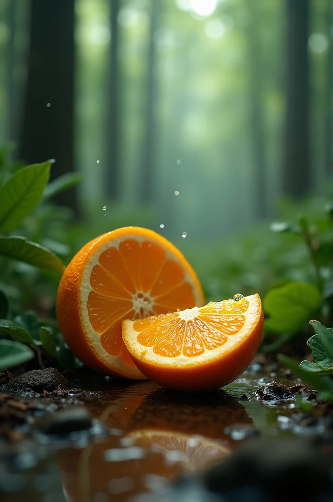 Broken orange fallen in the forest, and dripping drops of water