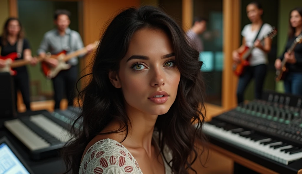 A photograph of a control room of a professional recording studio, where you can see the console and monitors. In the background through the separation glass, we can see a full gospel six band playing, with a beautiful and sexy green eyed brunette singer, a drummer, a bassist, two guitarists and a three members female choir. The singer is looking at the camera.